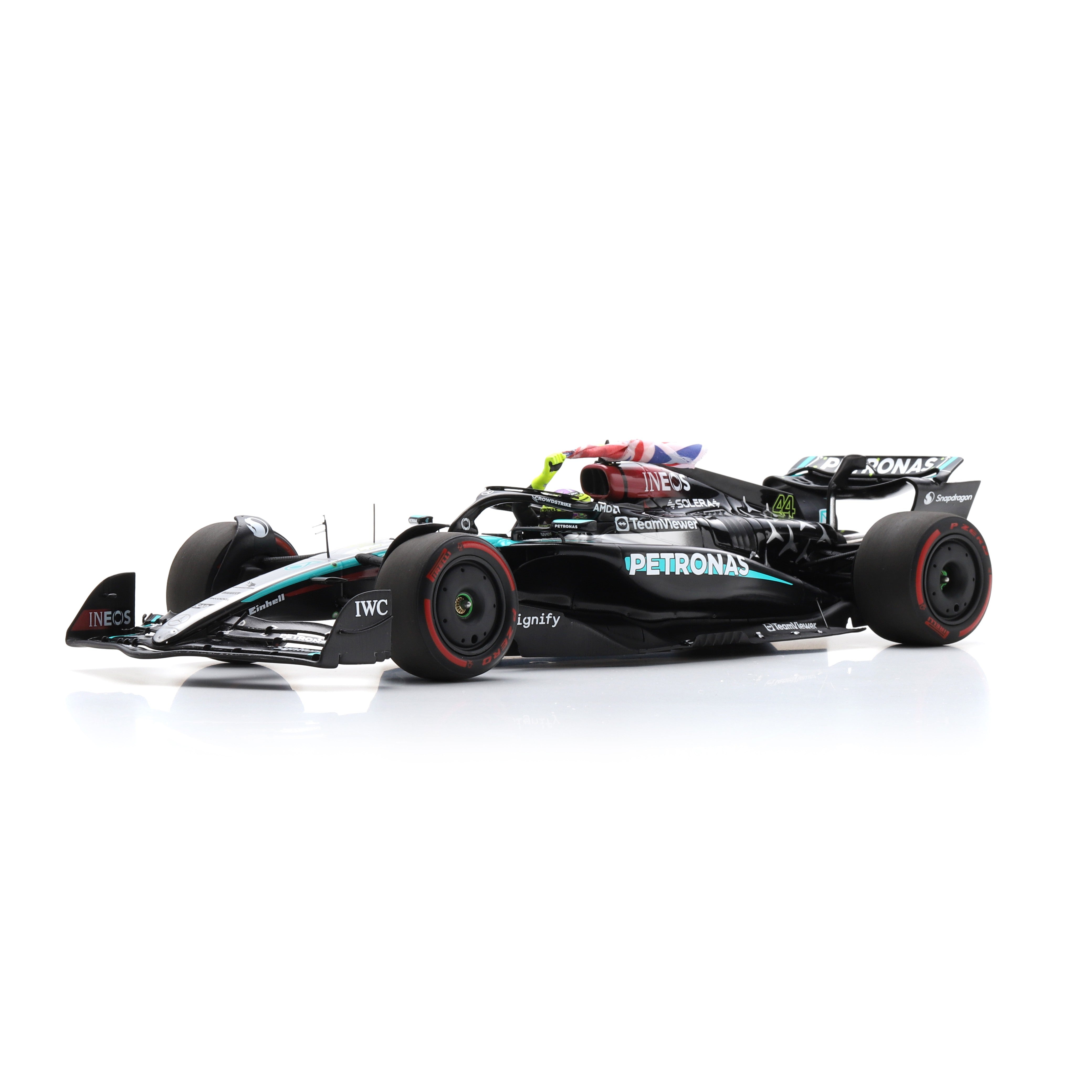 Mercedes AMG Petronas F1 Team W15 No.44 Lewis Hamilton 2024 British GP Winner With Flag - Black - 1:18 Scale